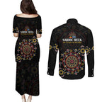 NAIDOC Deadly 50 Years Couples Matching Puletasi and Long Sleeve Button Shirt Aboriginal Black Gold Boomerang Art
