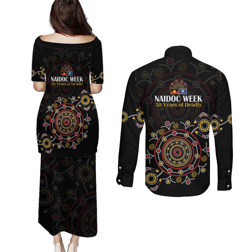 NAIDOC Deadly 50 Years Couples Matching Puletasi and Long Sleeve Button Shirt Aboriginal Black Gold Boomerang Art