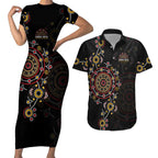 NAIDOC Deadly 50 Years Couples Matching Short Sleeve Bodycon Dress and Hawaiian Shirt Aboriginal Black Gold Boomerang Art
