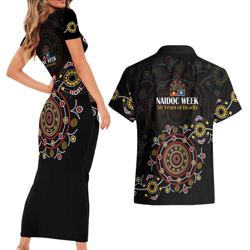 NAIDOC Deadly 50 Years Couples Matching Short Sleeve Bodycon Dress and Hawaiian Shirt Aboriginal Black Gold Boomerang Art