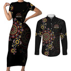 NAIDOC Deadly 50 Years Couples Matching Short Sleeve Bodycon Dress and Long Sleeve Button Shirt Aboriginal Black Gold Boomerang Art
