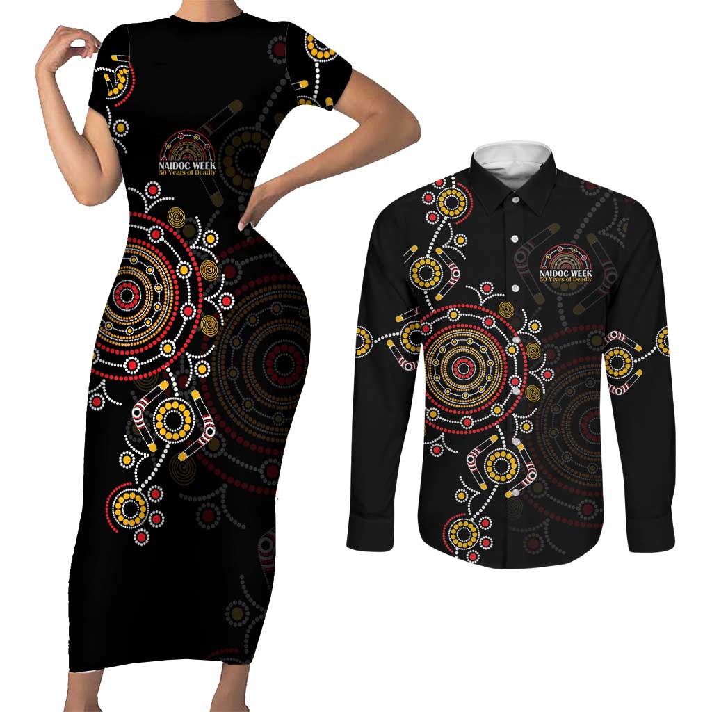 NAIDOC Deadly 50 Years Couples Matching Short Sleeve Bodycon Dress and Long Sleeve Button Shirt Aboriginal Black Gold Boomerang Art