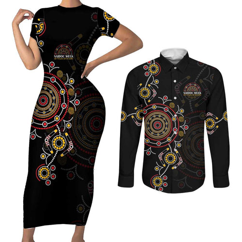NAIDOC Deadly 50 Years Couples Matching Short Sleeve Bodycon Dress and Long Sleeve Button Shirt Aboriginal Black Gold Boomerang Art