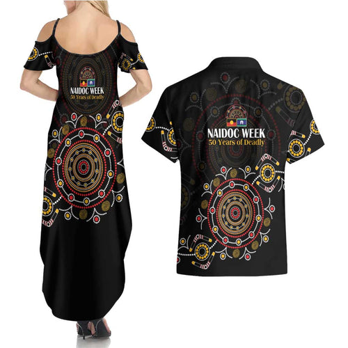 NAIDOC Deadly 50 Years Couples Matching Summer Maxi Dress and Hawaiian Shirt Aboriginal Black Gold Boomerang Art