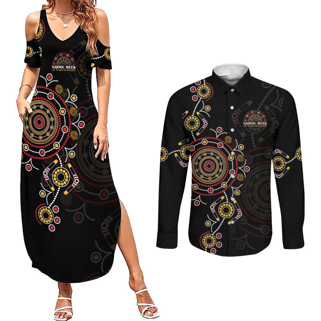 NAIDOC Deadly 50 Years Couples Matching Summer Maxi Dress and Long Sleeve Button Shirt Aboriginal Black Gold Boomerang Art