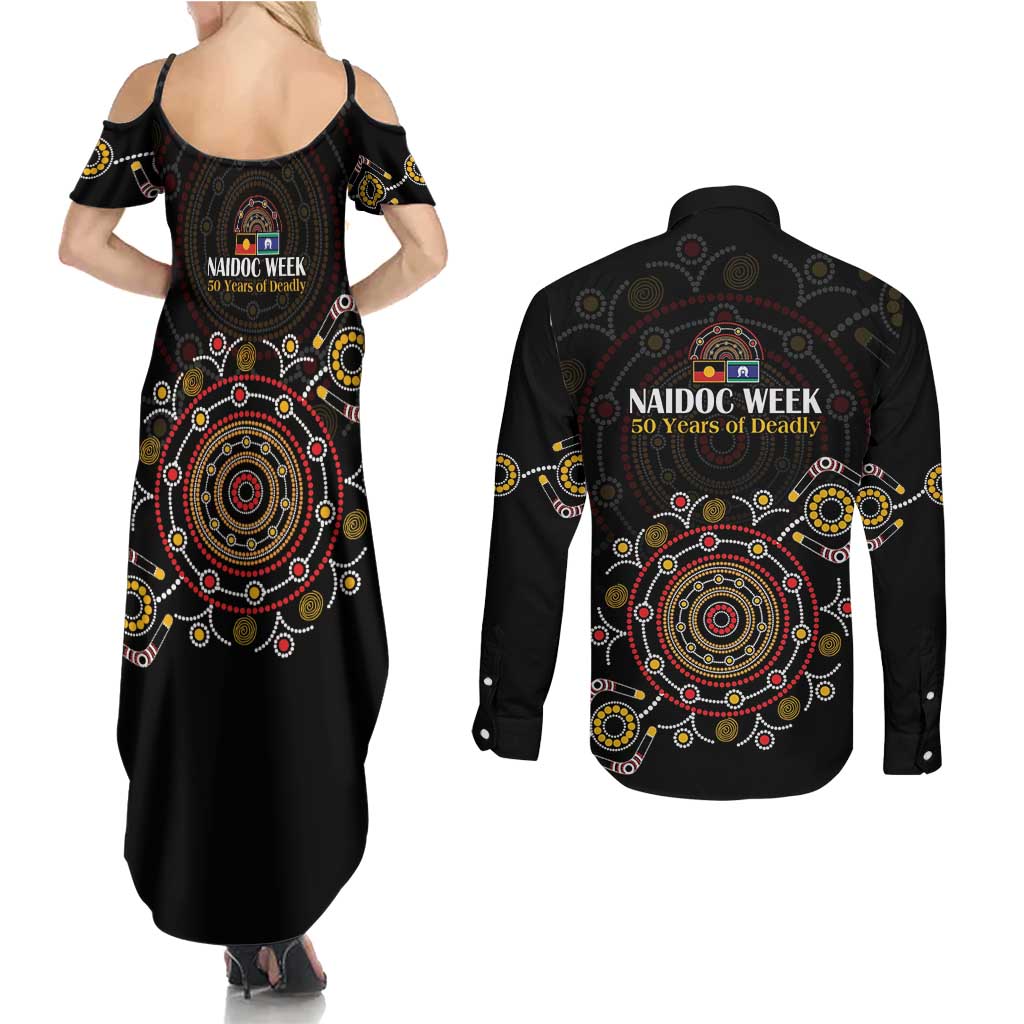 NAIDOC Deadly 50 Years Couples Matching Summer Maxi Dress and Long Sleeve Button Shirt Aboriginal Black Gold Boomerang Art