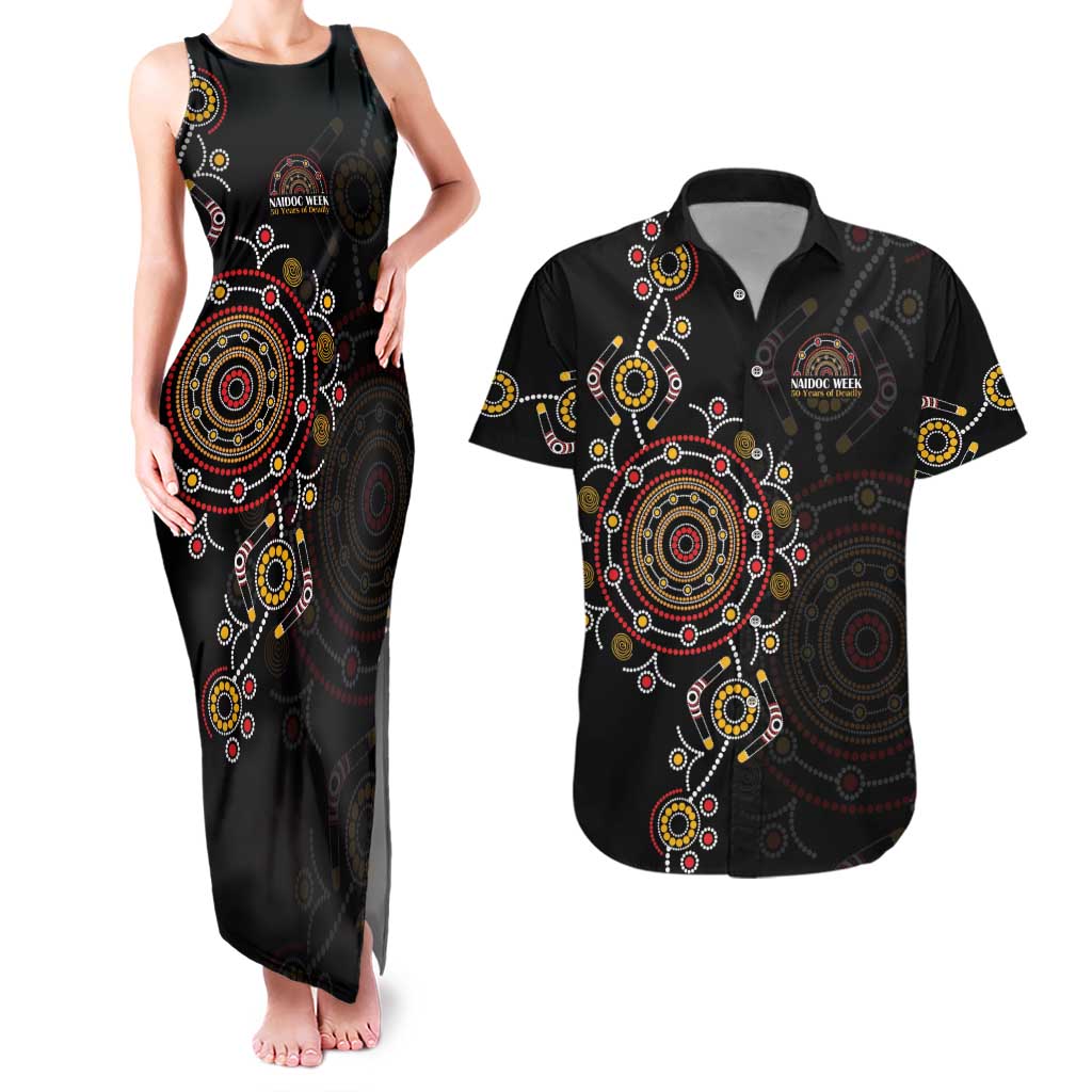 NAIDOC Deadly 50 Years Couples Matching Tank Maxi Dress and Hawaiian Shirt Aboriginal Black Gold Boomerang Art