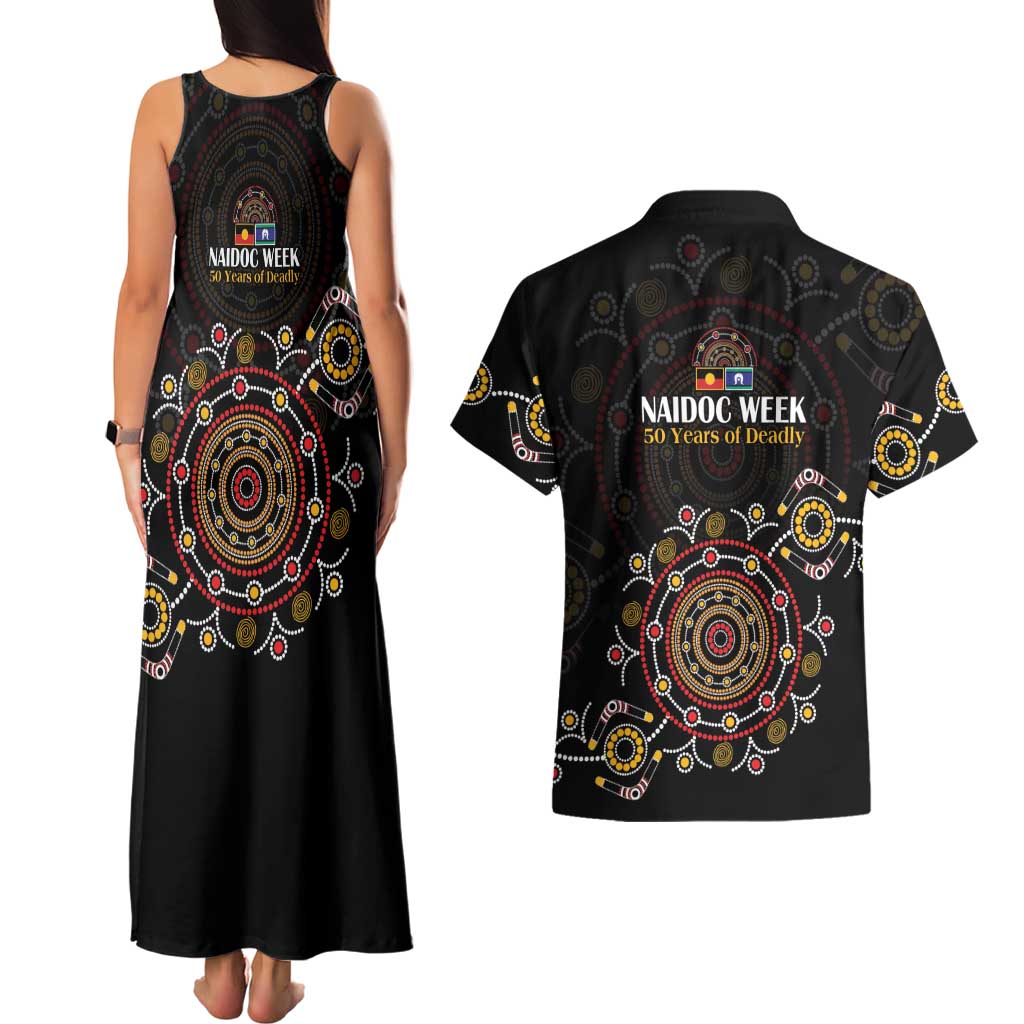 NAIDOC Deadly 50 Years Couples Matching Tank Maxi Dress and Hawaiian Shirt Aboriginal Black Gold Boomerang Art