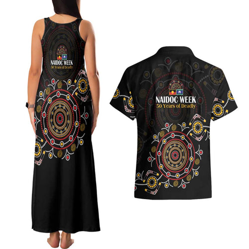 NAIDOC Deadly 50 Years Couples Matching Tank Maxi Dress and Hawaiian Shirt Aboriginal Black Gold Boomerang Art