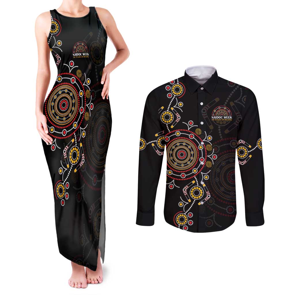 NAIDOC Deadly 50 Years Couples Matching Tank Maxi Dress and Long Sleeve Button Shirt Aboriginal Black Gold Boomerang Art