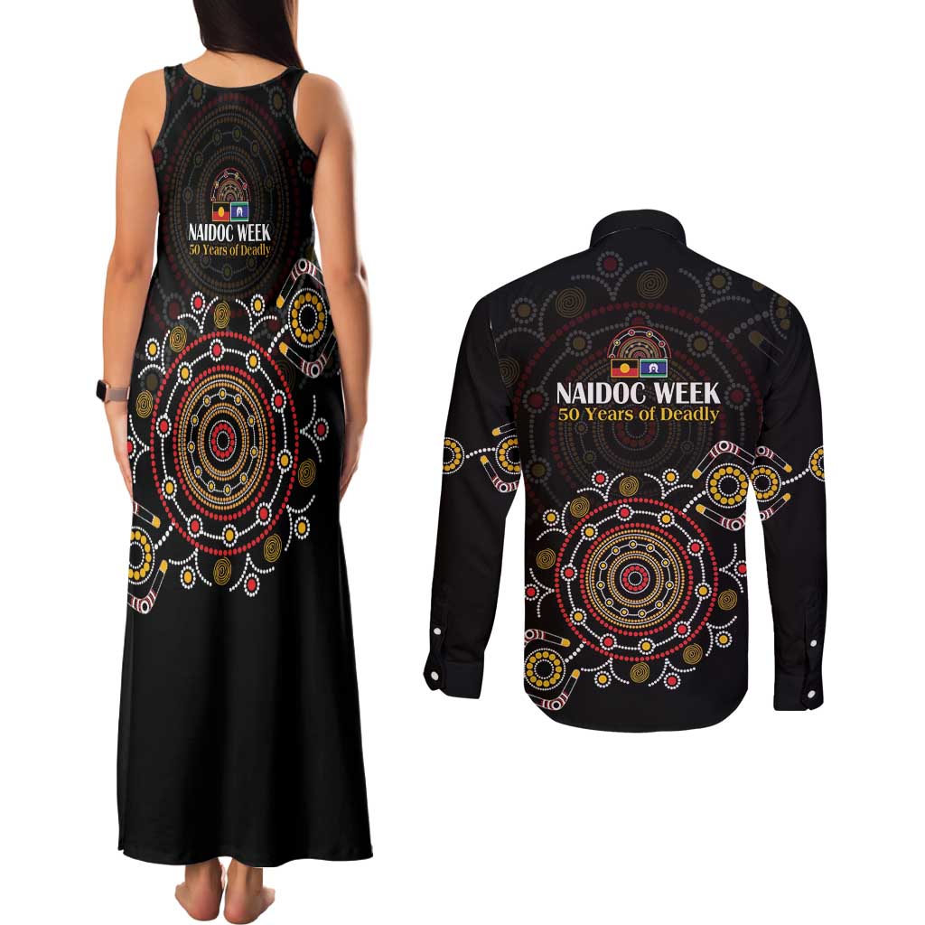 NAIDOC Deadly 50 Years Couples Matching Tank Maxi Dress and Long Sleeve Button Shirt Aboriginal Black Gold Boomerang Art