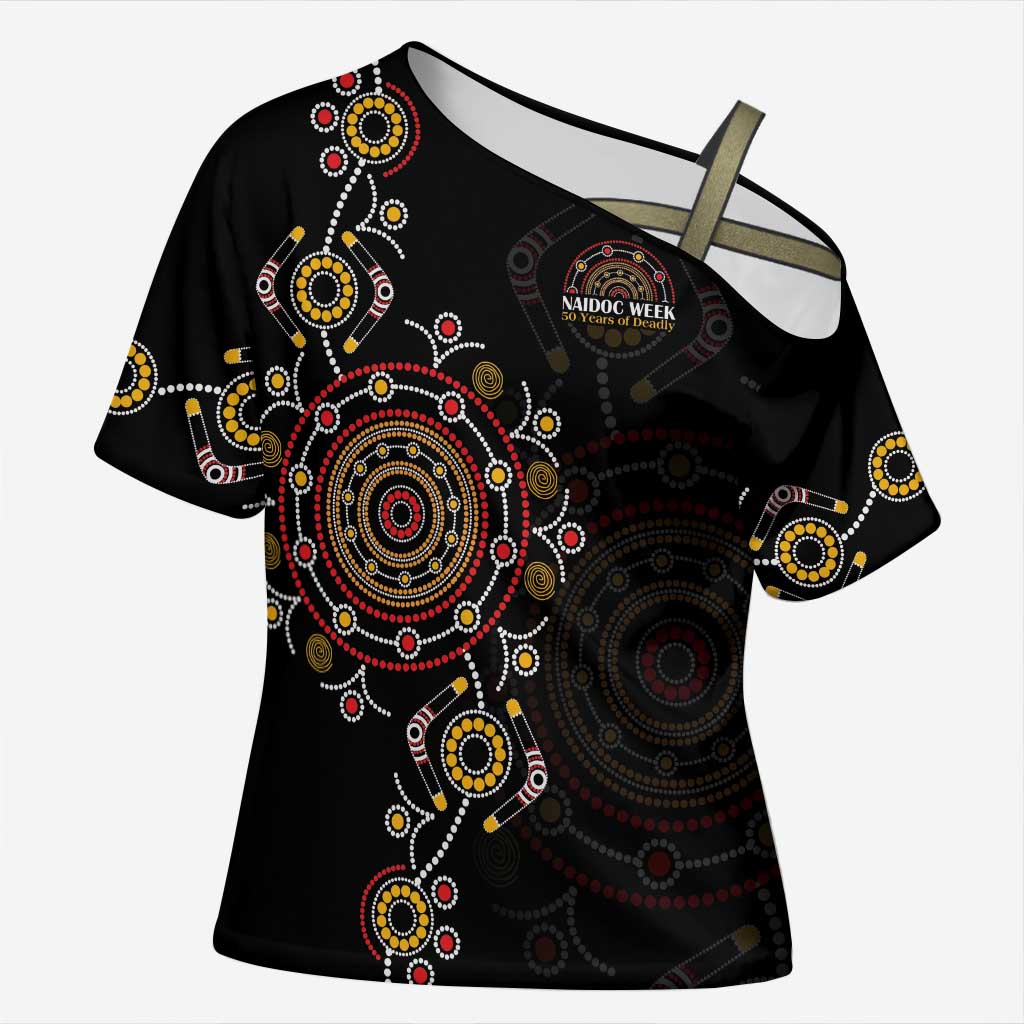 NAIDOC Deadly 50 Years Cross Shoulder Shirt Aboriginal Black Gold Boomerang Art