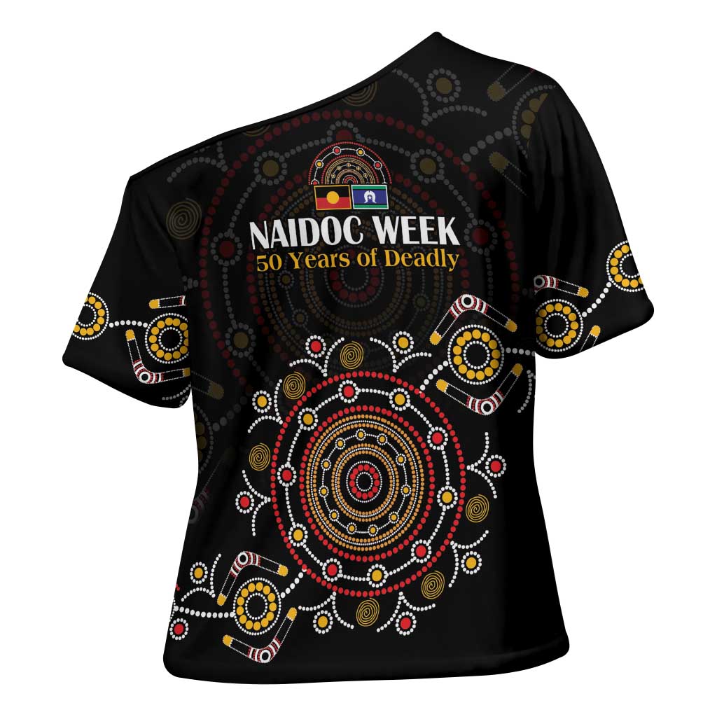 NAIDOC Deadly 50 Years Cross Shoulder Shirt Aboriginal Black Gold Boomerang Art