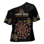 NAIDOC Deadly 50 Years Cross Shoulder Shirt Aboriginal Black Gold Boomerang Art