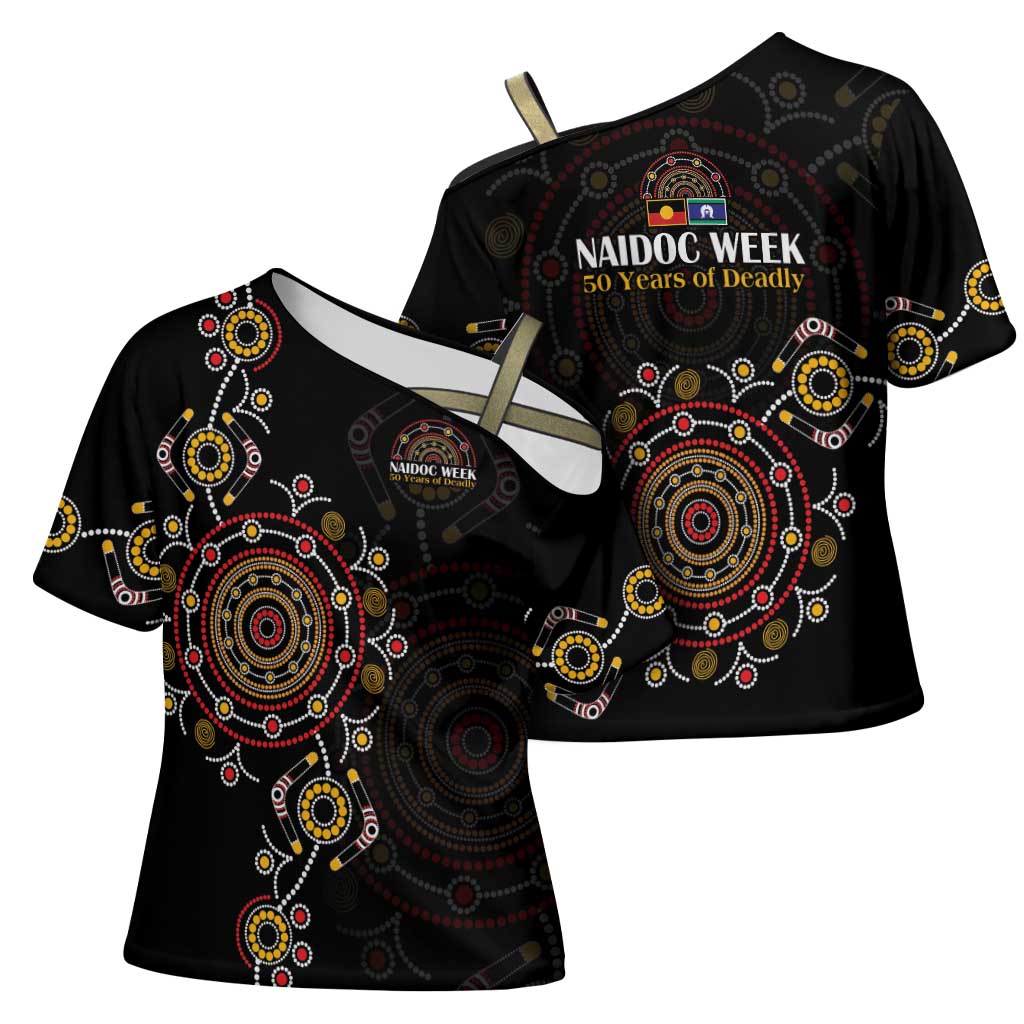NAIDOC Deadly 50 Years Cross Shoulder Shirt Aboriginal Black Gold Boomerang Art