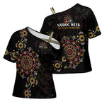 NAIDOC Deadly 50 Years Cross Shoulder Shirt Aboriginal Black Gold Boomerang Art