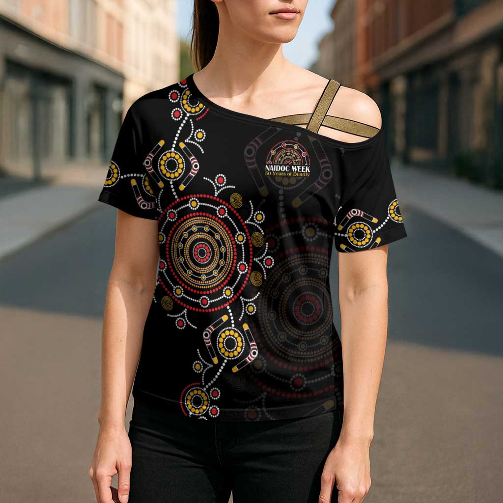 NAIDOC Deadly 50 Years Cross Shoulder Shirt Aboriginal Black Gold Boomerang Art
