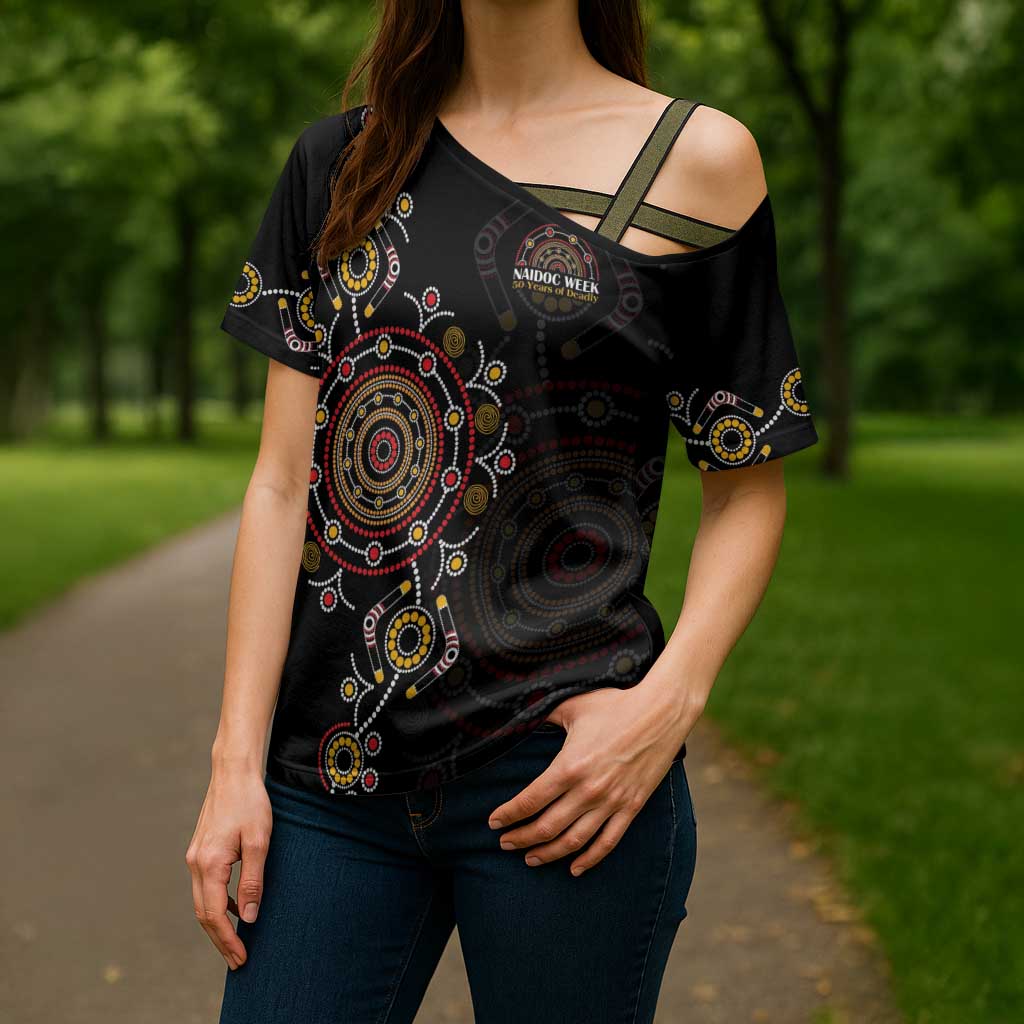 NAIDOC Deadly 50 Years Cross Shoulder Shirt Aboriginal Black Gold Boomerang Art
