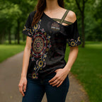 NAIDOC Deadly 50 Years Cross Shoulder Shirt Aboriginal Black Gold Boomerang Art