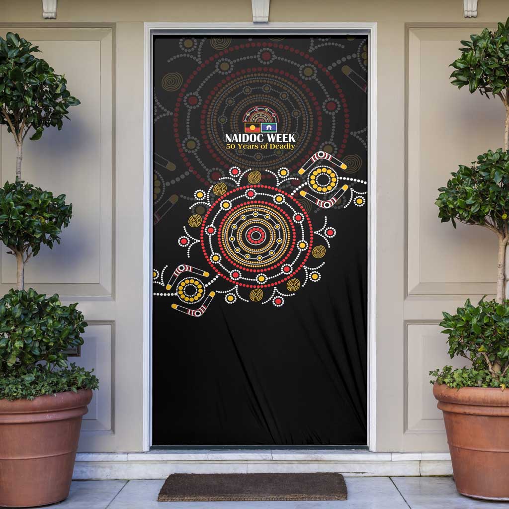 NAIDOC Deadly 50 Years Door Cover Aboriginal Black Gold Boomerang Art