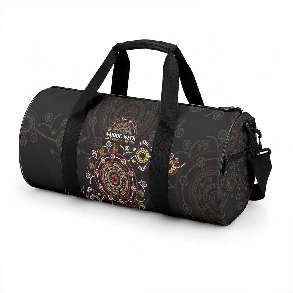 NAIDOC Deadly 50 Years Duffle Bag Aboriginal Black Gold Boomerang Art