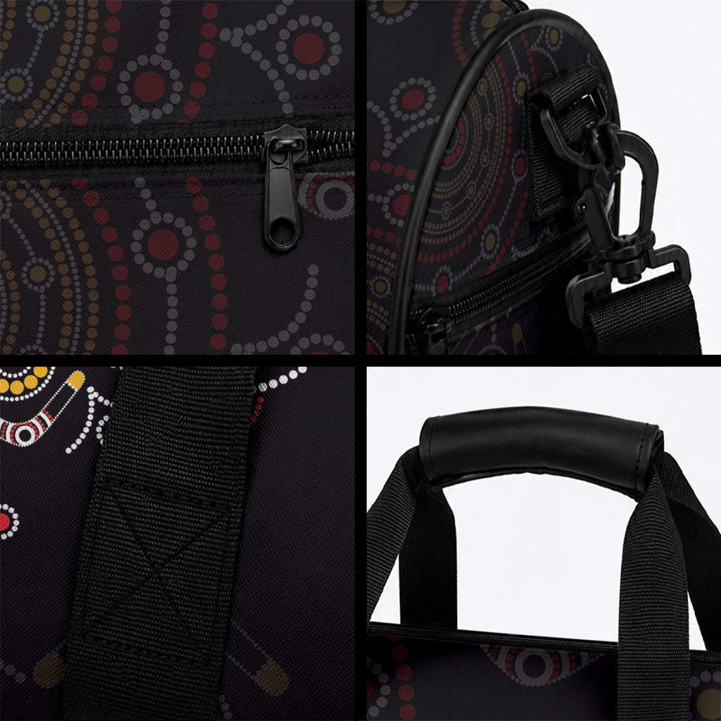 NAIDOC Deadly 50 Years Duffle Bag Aboriginal Black Gold Boomerang Art