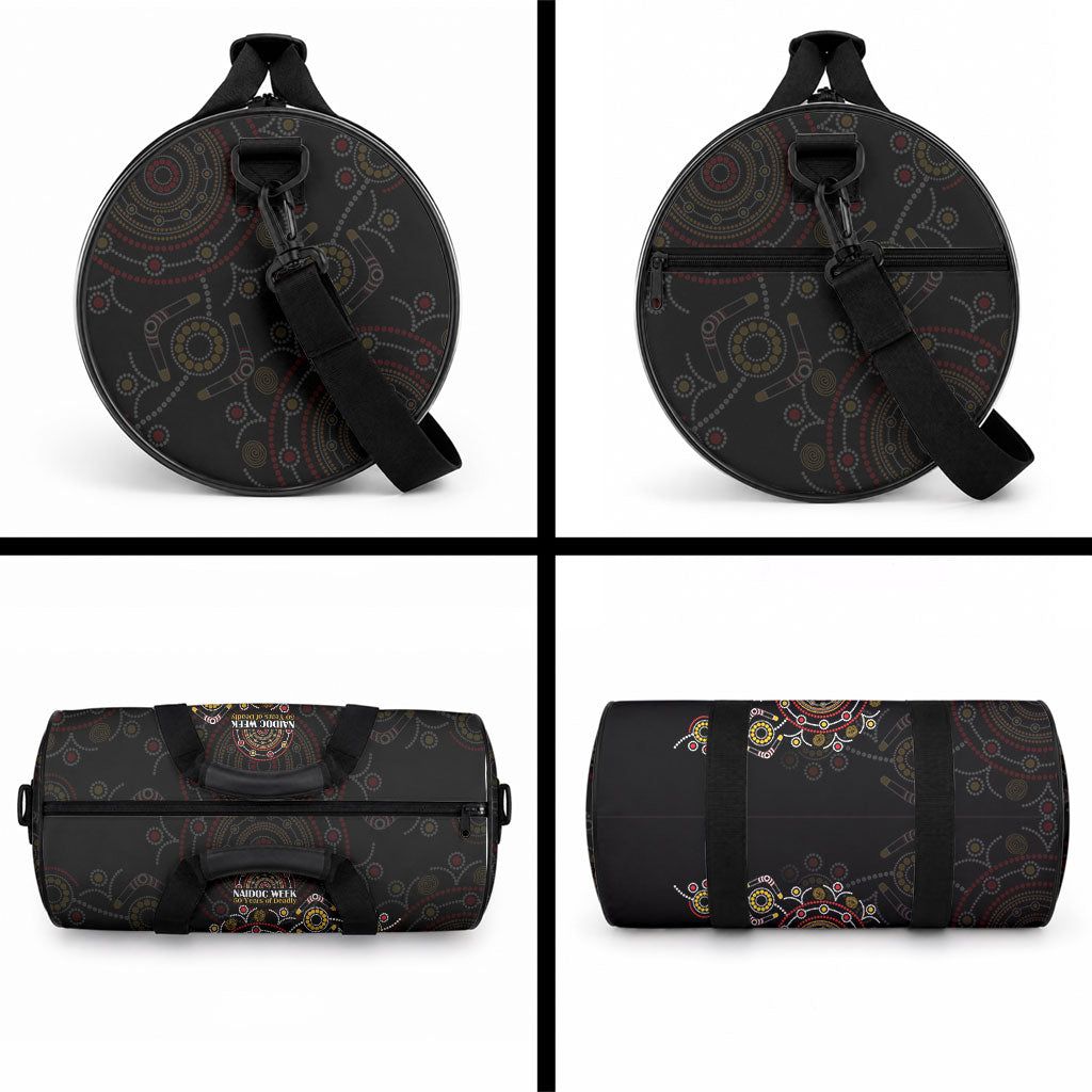 NAIDOC Deadly 50 Years Duffle Bag Aboriginal Black Gold Boomerang Art