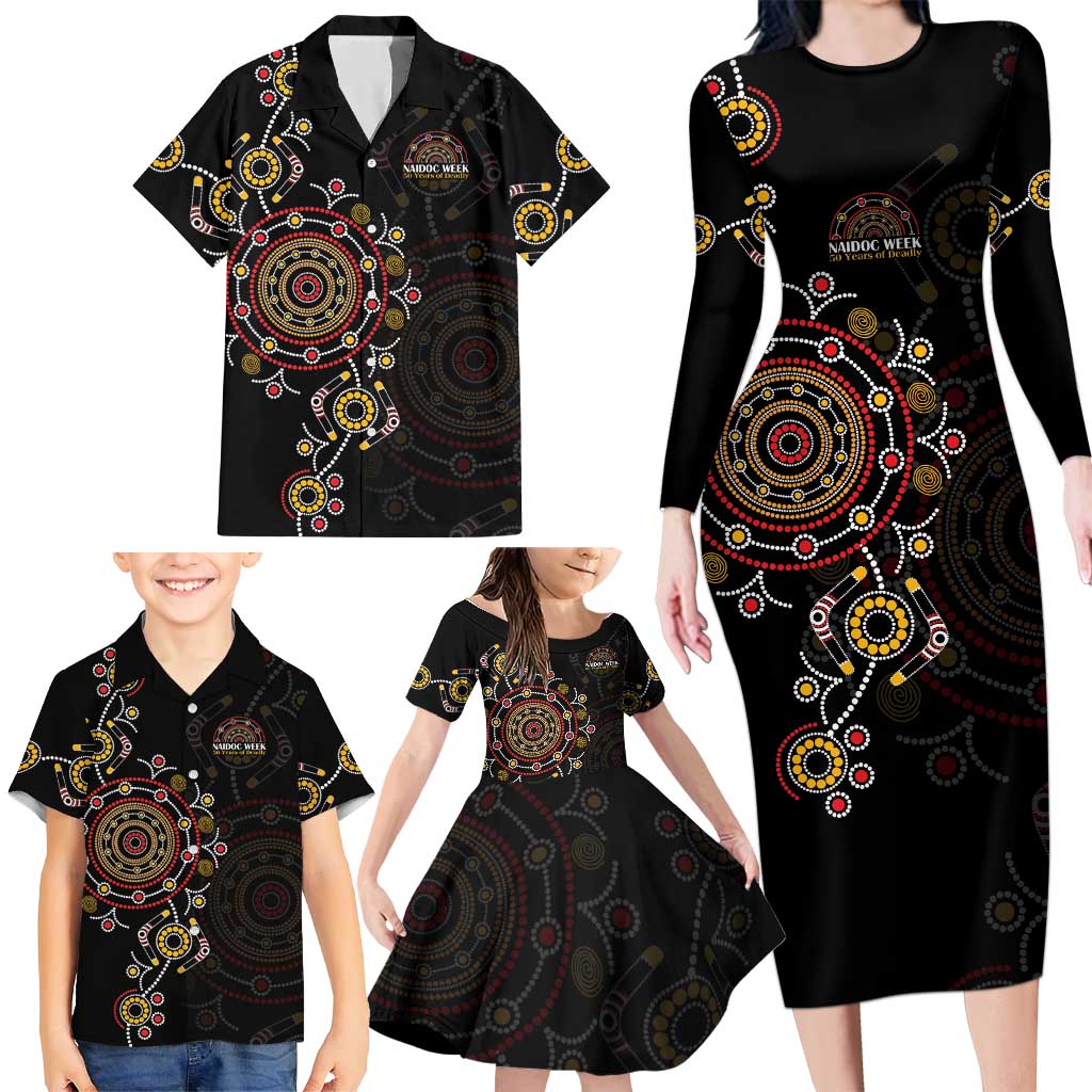 NAIDOC Deadly 50 Years Family Matching Long Sleeve Bodycon Dress and Hawaiian Shirt Aboriginal Black Gold Boomerang Art
