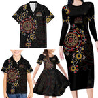 NAIDOC Deadly 50 Years Family Matching Long Sleeve Bodycon Dress and Hawaiian Shirt Aboriginal Black Gold Boomerang Art