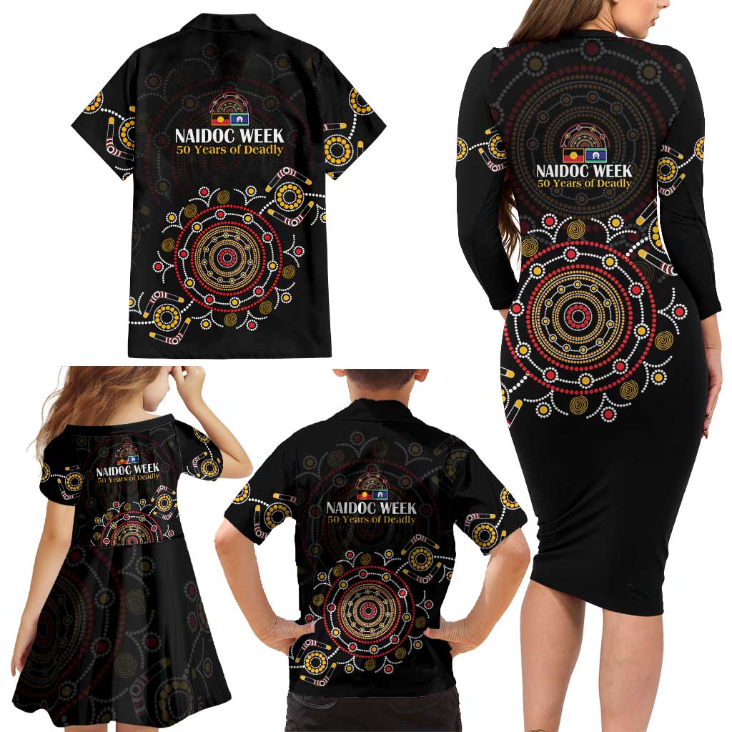 NAIDOC Deadly 50 Years Family Matching Long Sleeve Bodycon Dress and Hawaiian Shirt Aboriginal Black Gold Boomerang Art