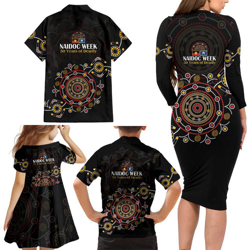 NAIDOC Deadly 50 Years Family Matching Long Sleeve Bodycon Dress and Hawaiian Shirt Aboriginal Black Gold Boomerang Art