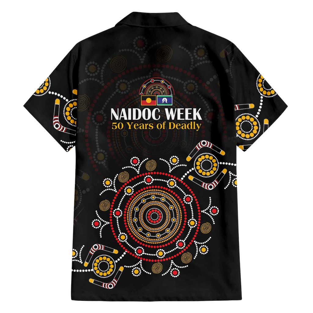 NAIDOC Deadly 50 Years Family Matching Long Sleeve Bodycon Dress and Hawaiian Shirt Aboriginal Black Gold Boomerang Art