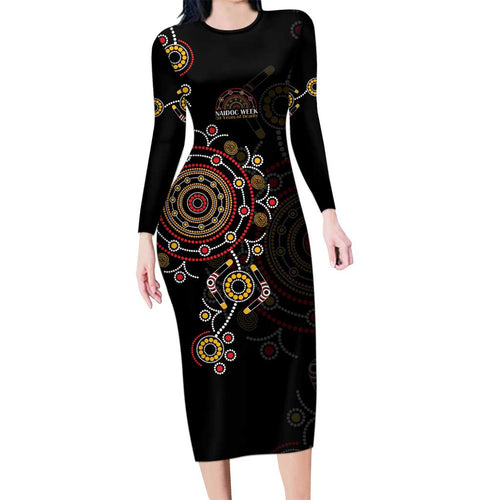 NAIDOC Deadly 50 Years Family Matching Long Sleeve Bodycon Dress and Hawaiian Shirt Aboriginal Black Gold Boomerang Art