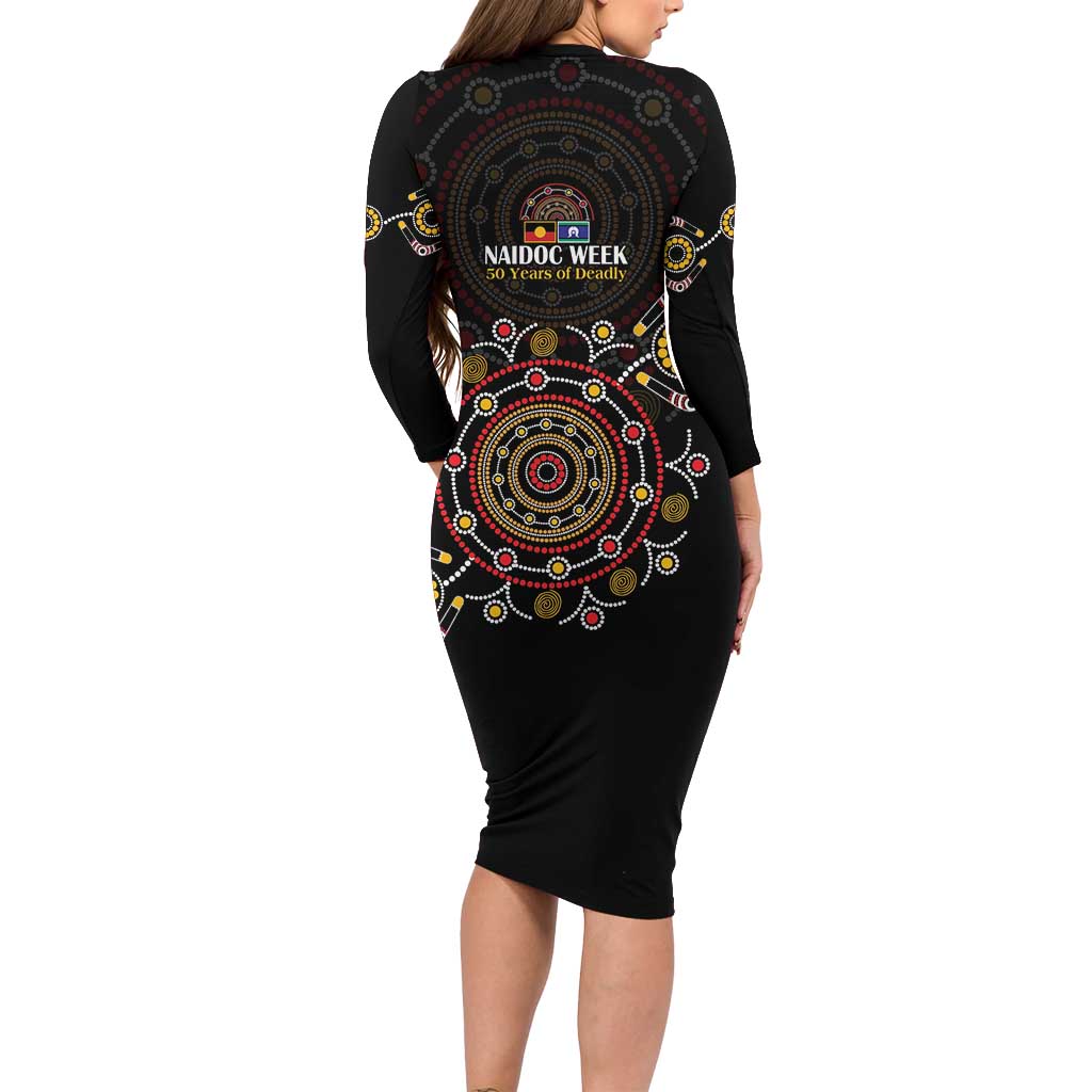 NAIDOC Deadly 50 Years Family Matching Long Sleeve Bodycon Dress and Hawaiian Shirt Aboriginal Black Gold Boomerang Art