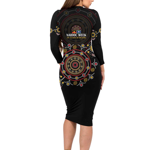 NAIDOC Deadly 50 Years Family Matching Long Sleeve Bodycon Dress and Hawaiian Shirt Aboriginal Black Gold Boomerang Art