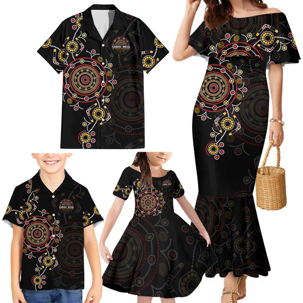 NAIDOC Deadly 50 Years Family Matching Mermaid Dress and Hawaiian Shirt Aboriginal Black Gold Boomerang Art