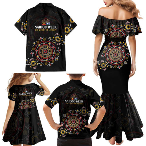 NAIDOC Deadly 50 Years Family Matching Mermaid Dress and Hawaiian Shirt Aboriginal Black Gold Boomerang Art
