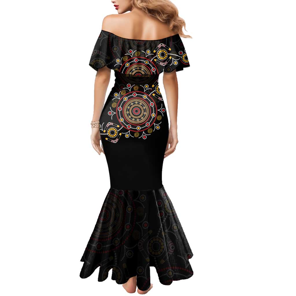 NAIDOC Deadly 50 Years Family Matching Mermaid Dress and Hawaiian Shirt Aboriginal Black Gold Boomerang Art