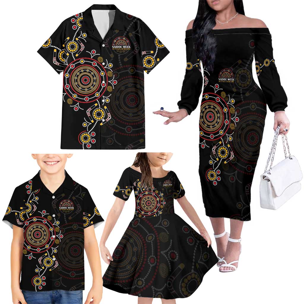 NAIDOC Deadly 50 Years Family Matching Off The Shoulder Long Sleeve Dress and Hawaiian Shirt Aboriginal Black Gold Boomerang Art