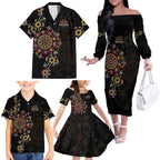 NAIDOC Deadly 50 Years Family Matching Off The Shoulder Long Sleeve Dress and Hawaiian Shirt Aboriginal Black Gold Boomerang Art