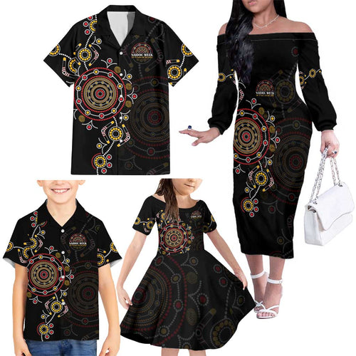 NAIDOC Deadly 50 Years Family Matching Off The Shoulder Long Sleeve Dress and Hawaiian Shirt Aboriginal Black Gold Boomerang Art