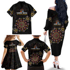 NAIDOC Deadly 50 Years Family Matching Off The Shoulder Long Sleeve Dress and Hawaiian Shirt Aboriginal Black Gold Boomerang Art