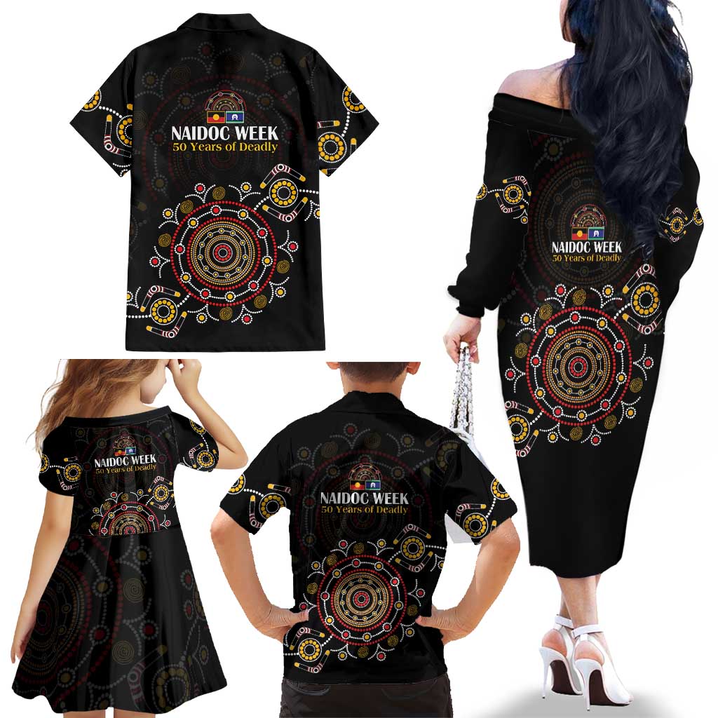 NAIDOC Deadly 50 Years Family Matching Off The Shoulder Long Sleeve Dress and Hawaiian Shirt Aboriginal Black Gold Boomerang Art
