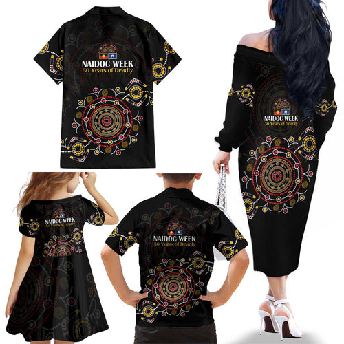 NAIDOC Deadly 50 Years Family Matching Off The Shoulder Long Sleeve Dress and Hawaiian Shirt Aboriginal Black Gold Boomerang Art