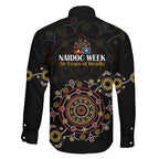 NAIDOC Deadly 50 Years Family Matching Off The Shoulder Long Sleeve Dress and Hawaiian Shirt Aboriginal Black Gold Boomerang Art