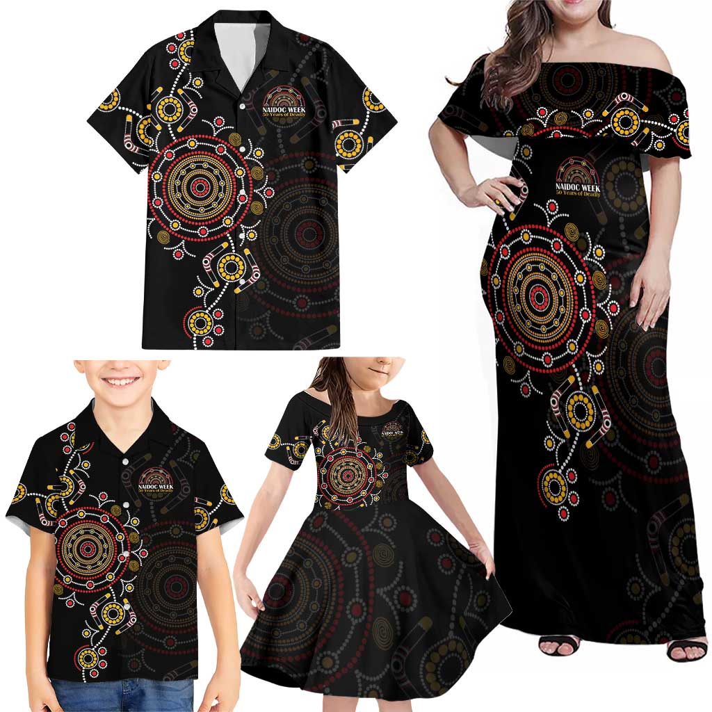 NAIDOC Deadly 50 Years Family Matching Off Shoulder Maxi Dress and Hawaiian Shirt Aboriginal Black Gold Boomerang Art