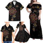 NAIDOC Deadly 50 Years Family Matching Off Shoulder Maxi Dress and Hawaiian Shirt Aboriginal Black Gold Boomerang Art