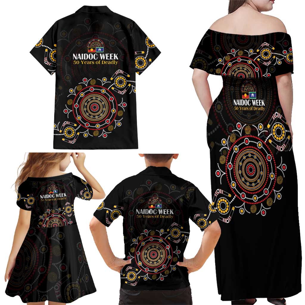 NAIDOC Deadly 50 Years Family Matching Off Shoulder Maxi Dress and Hawaiian Shirt Aboriginal Black Gold Boomerang Art