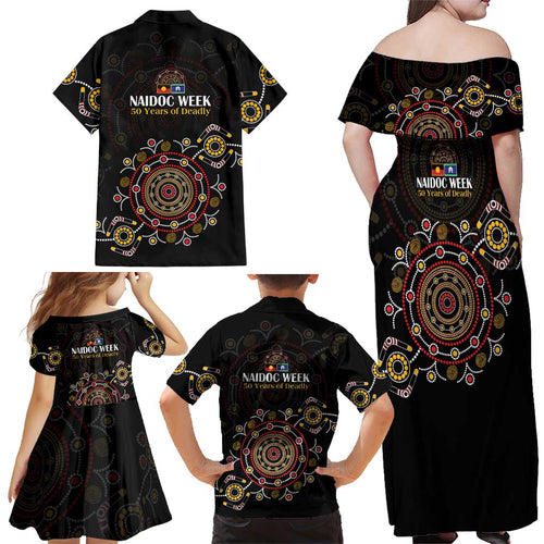 NAIDOC Deadly 50 Years Family Matching Off Shoulder Maxi Dress and Hawaiian Shirt Aboriginal Black Gold Boomerang Art