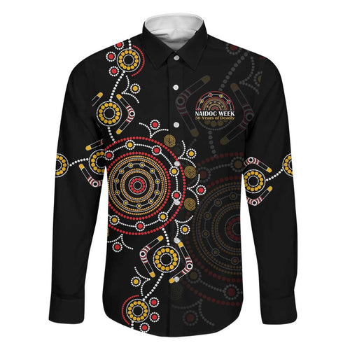 NAIDOC Deadly 50 Years Family Matching Off Shoulder Maxi Dress and Hawaiian Shirt Aboriginal Black Gold Boomerang Art